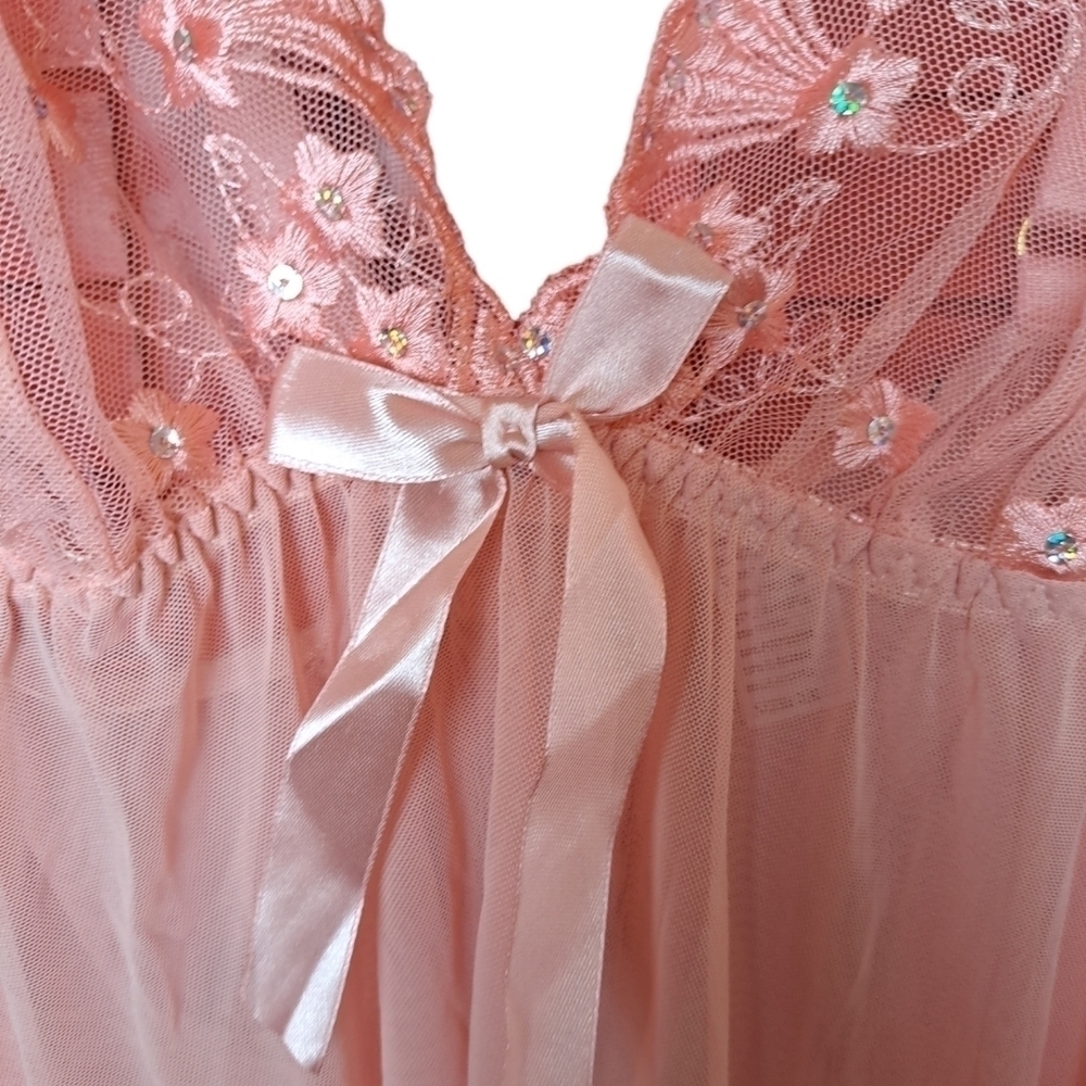 Spree intimates 2x NWT peach negligee w matching thong lacy satin sequins - Picture 4 of 7
